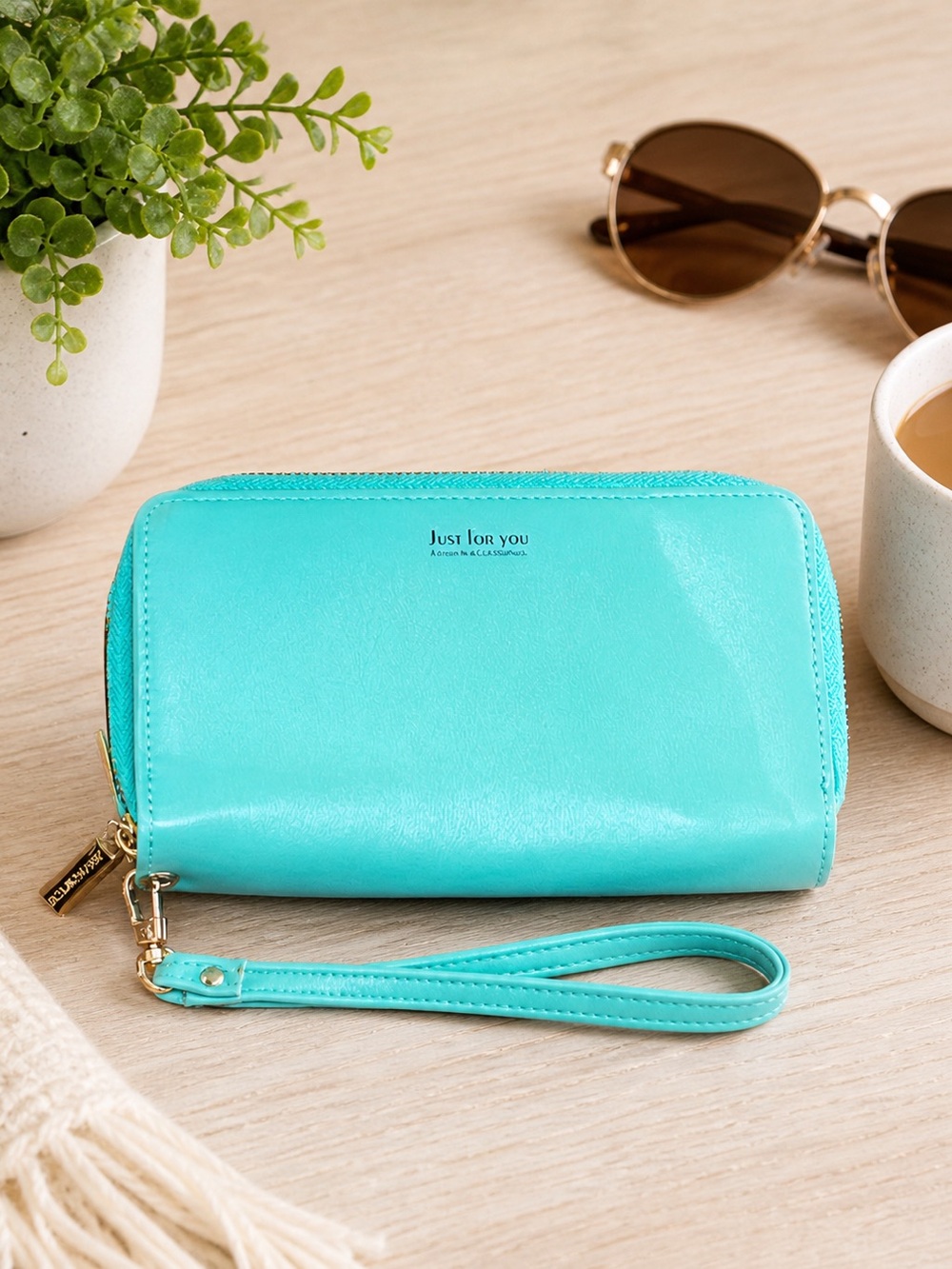 Teal Double Zip Wallet Wristlet Womens Travel Organizer Gold Hardware Large